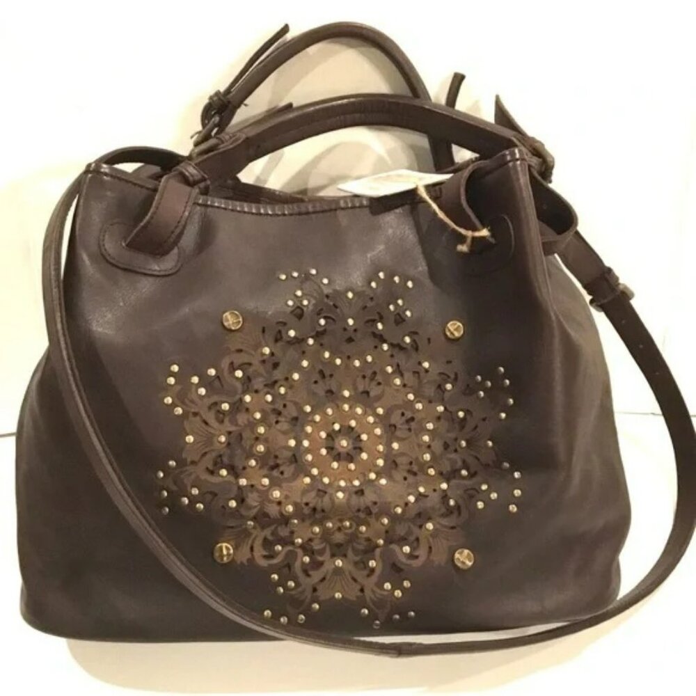 Platania Italian Brown Leather Large Satchel Bag Brass Stud Floral Design.